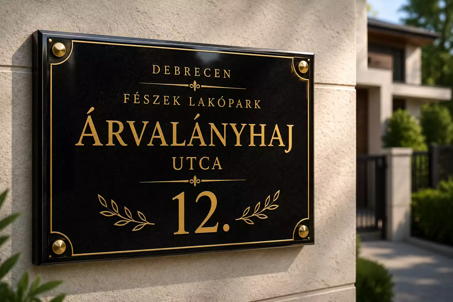 Klasszikus fekete gránit házszámtábla aranyszínű felirattal és kerettel