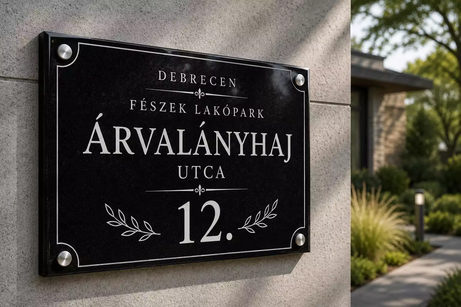 Klasszikus fekete gránit házszámtábla fehér felirattal és kerettel