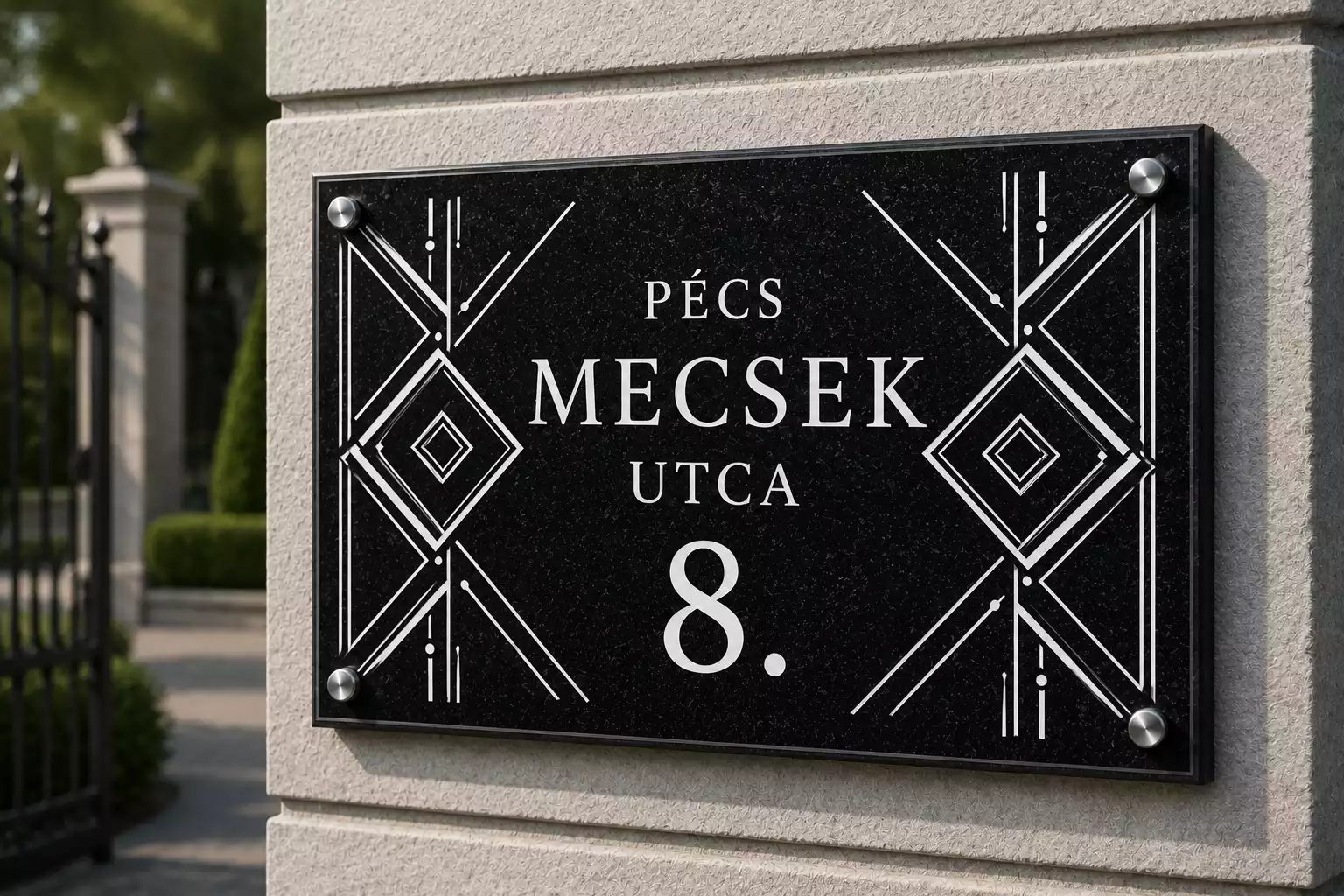 Modern geometrikus fekete gránit utcatábla fehér vonalakkal